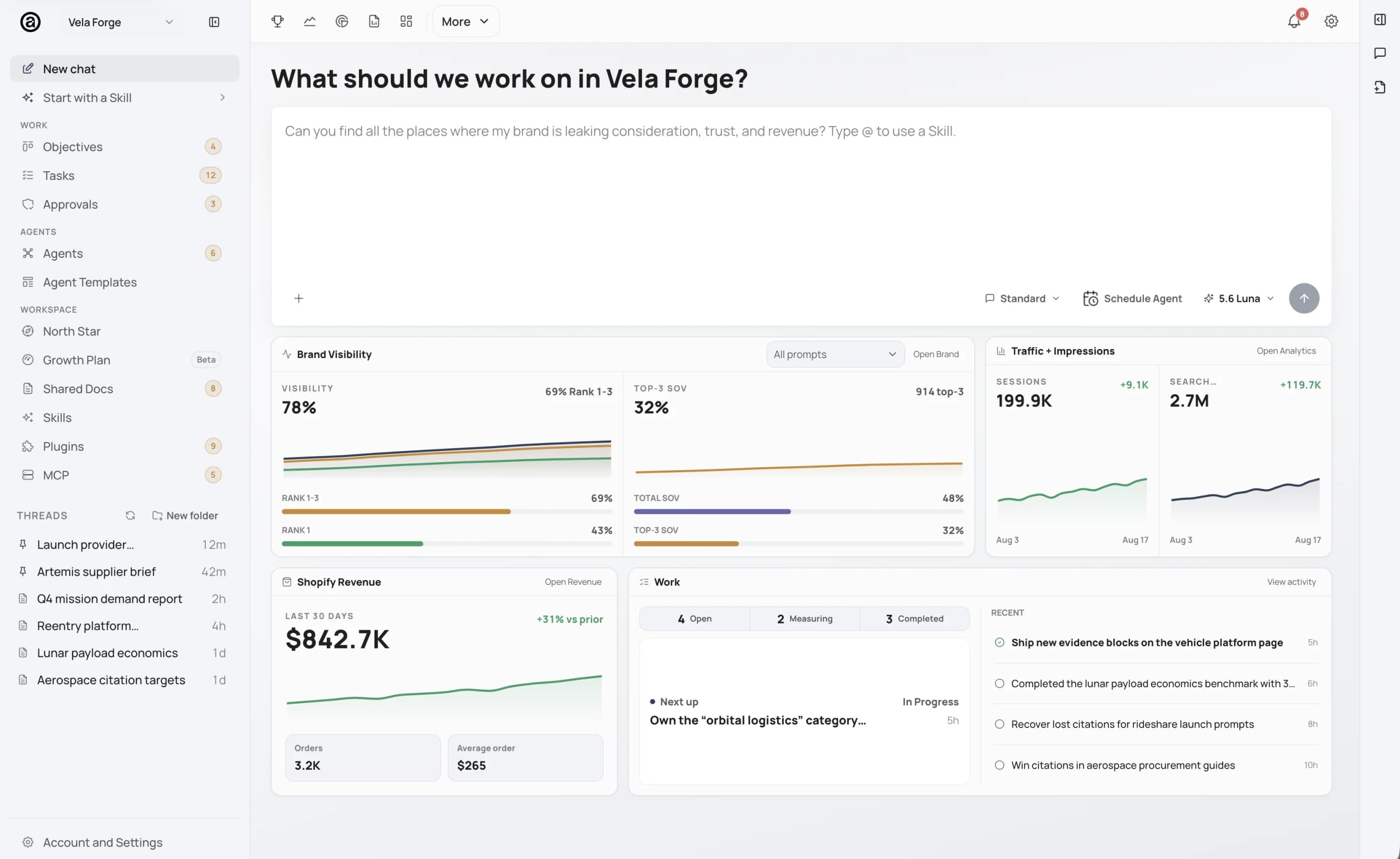 The Attune workspace: a plain-language prompt above brand visibility, traffic, revenue, and the current queue of work.